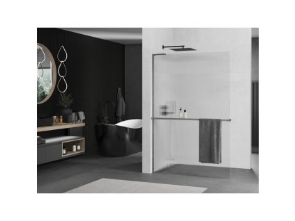 MEXEN/S - Kioto+ L Sprchová zástěna WALK-IN s poličkou a držákem ručníků 90 x 200 cm, proužky, grafit kartáčovaná 800-090-123-66-09