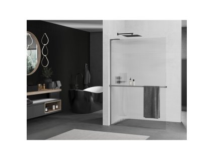 MEXEN/S - Kioto+ L Sprchová zástěna WALK-IN s poličkou a držákem ručníků 90 x 200 cm, proužky, grafit metal 800-090-123-95-09