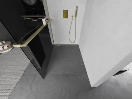 MEXEN/S - Kioto+ Sprchová zástěna WALK-IN s poličkou a držákem ručníků 70 x 200 cm, grafit, zlatá kartáčovaná 800-070-121-55-40