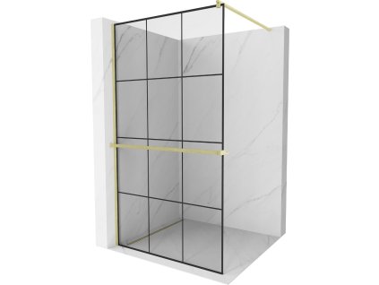 MEXEN/S - Kioto+ Sprchová zástěna WALK-IN s poličkou a držákem ručníků 120 x 200 cm, černý vzor, zlatá kartáčovaná 800-120-121-55-77