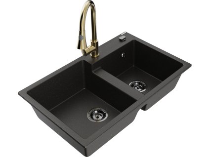 MEXEN/S - Tomas granitový dřez 2-bowl včetně baterie Elia, černá/zlatá metalik 6516-75-670101-50-B
