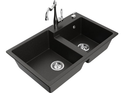 MEXEN/S - Tomas granitový dřez 2-bowl včetně baterie Carla, černá/zlatá metalik 6516-75-670700-00