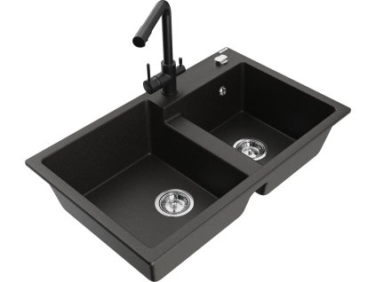 MEXEN/S - Tomas granitový dřez 2-bowl včetně baterie Duero, černá/zlatá metalik 6516-75-671600-70