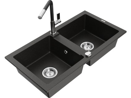 MEXEN/S - Mario granitový dřez 2-bowl včetně baterie Flora, černá/zlatá metalik 6504-75-670401-07