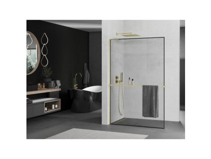 MEXEN/S - Kioto+ L Sprchová zástěna WALK-IN s poličkou a držákem ručníků 50 x 200 cm, černý vzor, zlatá kartáčovaná 800-050-123-55-70