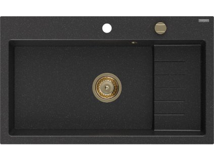 MEXEN/S - Omar granitový dřez 800 x 480 mm, černá/stříbrná metalik, zlatý sifon 6520801005-73-G