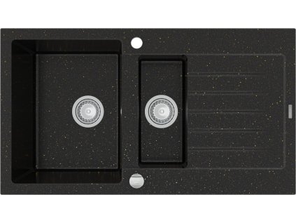 MEXEN - Matias žula dřez 1,5-mísa dřez s vypouštěním krátký odkapávač 900x505 mm, černá / kovové zlato 6502901505-75