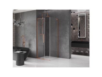 MEXEN/S - Velar L sprchový kout, posuvné dveře 110 x 110 cm, transparent, měď kartáčovaná 871-110-110-03-65