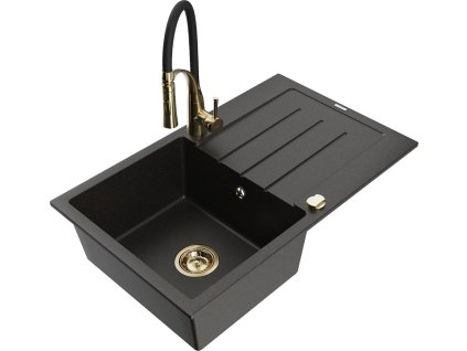 MEXEN/S - Bruno granitový dřez s odkapávačem včetně baterie Aster, černá/zlatá metalik 6513-75-73450-57-G
