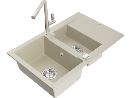 MEXEN/S - Gaspar granitový dřez 1.5 s odkapávačem včetně baterie Flora, béžová 6507-69-670401-09