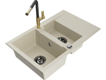 MEXEN/S - Gaspar granitový dřez 1.5 s odkapávačem včetně baterie Flora, béžová 6507-69-670401-57-B