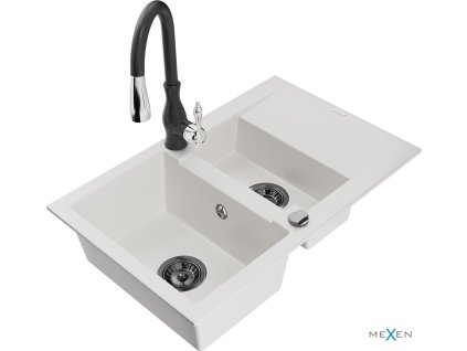 MEXEN/S - Gaspar granitový dřez 1.5 s odkapávačem včetně baterie Savita, bílá 6507-20-672601-70