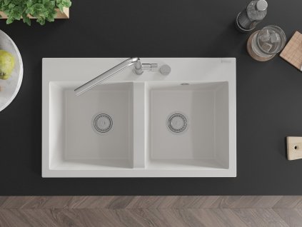 MEXEN - Hektor granitový dřez 2-bowl 800 x 480 mm, bílá, sifon chrom 6521802000-20