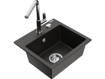 MEXEN/S - Milo granitový dřez 1-miska včetně baterie Flora, černá/zlatá metalik 6505-75-670401-00