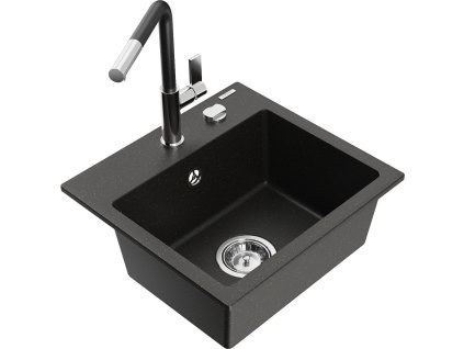 MEXEN/S - Milo granitový dřez 1-miska včetně baterie Flora, černá/zlatá metalik 6505-75-670401-07