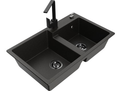 MEXEN/S - Tomas granitový dřez 2-bowl včetně baterie Rita, černá/zlatá metalik 6516-75-670300-70-B