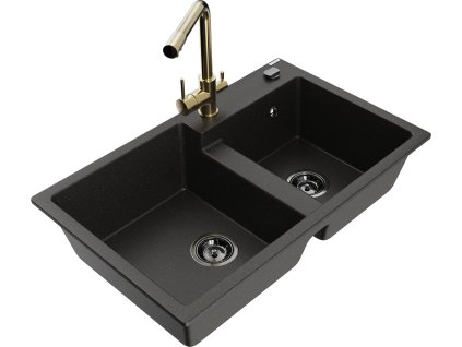 MEXEN/S - Tomas granitový dřez 2-bowl včetně baterie Duero, černá/zlatá metalik 6516-75-671600-50-B
