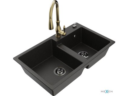 MEXEN/S - Tomas granitový dřez 2-bowl včetně baterie Savita, černá/zlatá metalik 6516-75-672601-50-B