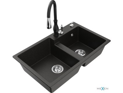MEXEN/S - Tomas granitový dřez 2-bowl včetně baterie Savita, černá/zlatá metalik 6516-75-672601-70