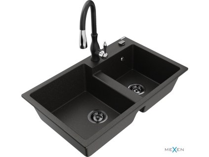 MEXEN/S - Tomas granitový dřez 2-bowl včetně baterie Savita, černá/zlatá metalik 6516-75-672601-70-B