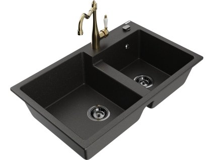 MEXEN/S - Tomas granitový dřez 2-bowl včetně baterie Carla, černá/zlatá metalik 6516-75-670700-50-B