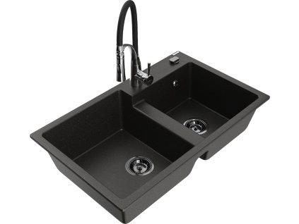 MEXEN/S - Tomas granitový dřez 2-bowl včetně baterie Aster, černá/zlatá metalik 6516-75-73450-07-B