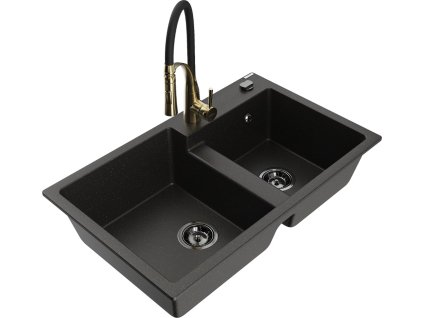 MEXEN/S - Tomas granitový dřez 2-bowl včetně baterie Aster, černá/zlatá metalik 6516-75-73450-57-B