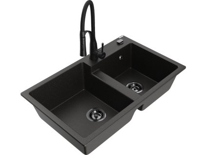 MEXEN/S - Tomas granitový dřez 2-bowl včetně baterie Aster, černá/zlatá metalik 6516-75-73450-70-B