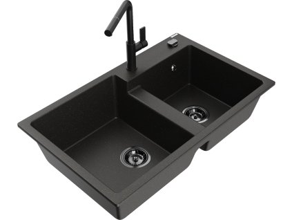 MEXEN/S - Tomas granitový dřez 2-bowl včetně baterie Flora, černá/zlatá metalik 6516-75-670401-70-B