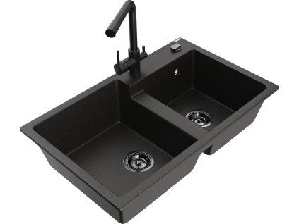 MEXEN/S - Tomas granitový dřez 2-bowl včetně baterie Duero, černá/zlatá metalik 6516-75-671600-70-B