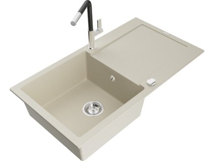 MEXEN/S - Leo granitový dřez 1 s odkapávačem včetně baterie Flora, béžováy 6501-69-670401-07