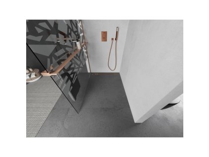 MEXEN/S - Kioto+ Sprchová zástěna s poličkou WALK-IN 110 x 200 cm, bílá vzor, měď kartáčovaná 800-110-121-65-85