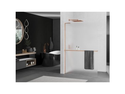 MEXEN/S - Kioto+ L Sprchová zástěna WALK-IN s poličkou a držákem ručníků 70 x 200 cm, dekor, měď kartáčovaná 800-070-123-65-30