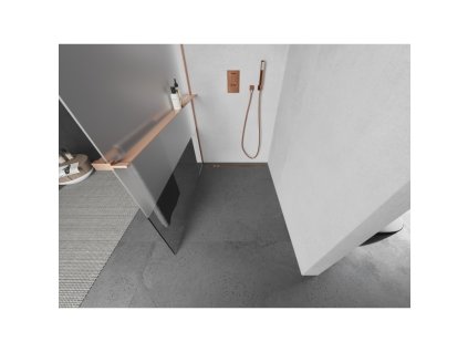 MEXEN/S - Kioto+ L Sprchová zástěna WALK-IN s poličkou a držákem ručníků 90 x 200 cm, transparent/dekor, měď kartáčovaná 800-090-123-65-35