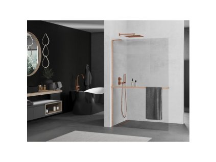 MEXEN/S - Kioto+ L Sprchová zástěna WALK-IN s poličkou a držákem ručníků 95 x 200 cm, transparent, měď kartáčovaná 800-095-123-65-00