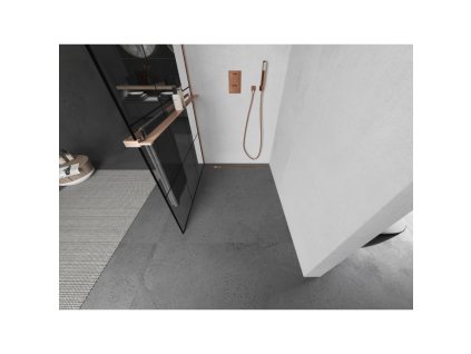 MEXEN/S - Kioto+ L Sprchová zástěna WALK-IN s poličkou a držákem ručníků 100 x 200 cm, černý vzor, měď kartáčovaná 800-100-123-65-77