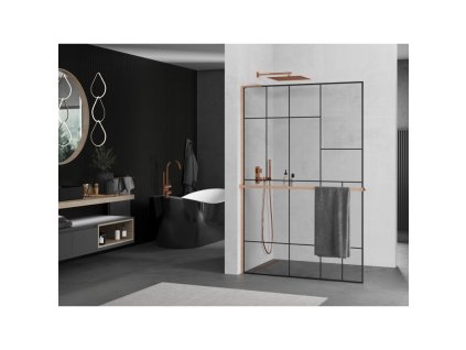 MEXEN/S - Kioto+ L Sprchová zástěna WALK-IN s poličkou a držákem ručníků 120 x 200 cm, černý vzor, měď kartáčovaná 800-120-123-65-78