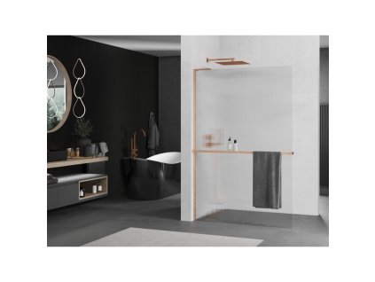 MEXEN/S - Kioto+ L Sprchová zástěna WALK-IN s poličkou a držákem ručníků 90 x 200 cm, proužky, měď kartáčovaná 800-090-123-65-09