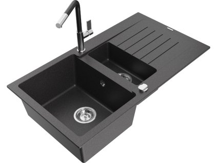 MEXEN/S - Matias granitový dřez 1.5 s odkapávačem včetně baterie Flora, černá kropenatá 6502-76-670401-07