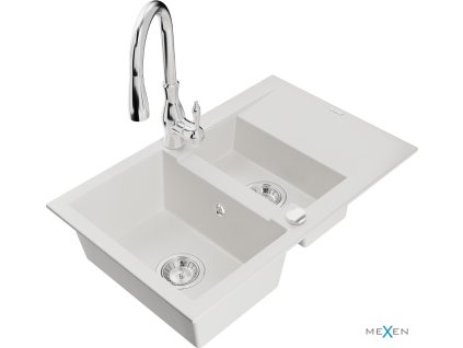 MEXEN/S - Gaspar granitový dřez 1.5 s odkapávačem včetně baterie Savita, bílá 6507-20-672601-00