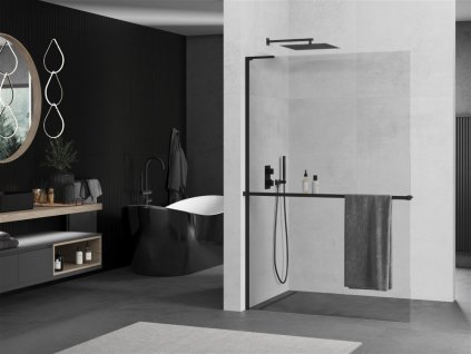 MEXEN/S - Kioto+ L Sprchová zástěna WALK-IN s poličkou a držákem ručníků 100 x 200 cm, transparent, černá 800-100-123-70-00
