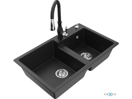 MEXEN/S - Tomas granitový dřez 2-bowl včetně baterie Savita, černá/stříbrná metalik 6516-73-672601-70