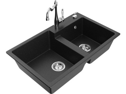 MEXEN/S - Tomas granitový dřez 2-bowl včetně baterie Carla, černá/stříbrná metalik 6516-73-670700-00