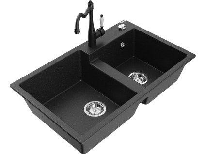 MEXEN/S - Tomas granitový dřez 2-bowl včetně baterie Carla, černá/stříbrná metalik 6516-73-670700-70