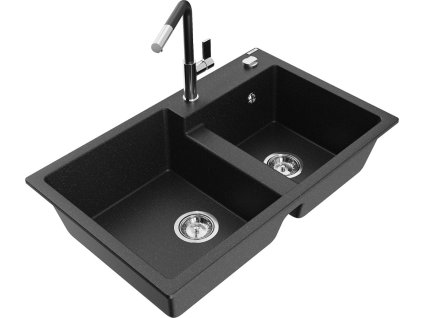 MEXEN/S - Tomas granitový dřez 2-bowl včetně baterie Flora, černá/srebrny metalik 6516-73-670401-07