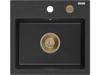 MEXEN/S - Milo granitový dřez 1 435 x 410 mm, černá/stříbrný metalik, + zlatý sifon 6505441000-73-G