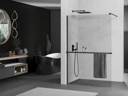 MEXEN/S - KIOTO Sprchová zástěna WALK-IN s poličkou a držákem ručníků 80 x 200, transparent 8 mm, černá 800-080-121-70-00