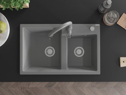 MEXEN/S - Tomas granitový dřez 2-bowl včetně baterie Savita, šedá 6516-71-672601-71
