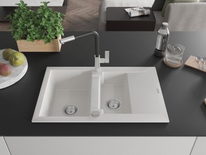 MEXEN/S - Gaspar granitový dřez 1.5 s odkapávačem včetně baterie Flora, bílá 6507-20-670401-07