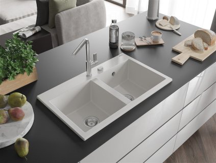 MEXEN - Hektor granitový dřez 2-bowl 800 x 480 mm, bílá, sifon chrom 6521802000-20